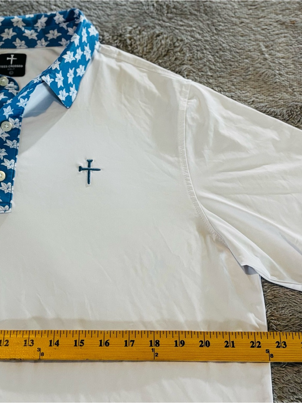 Crossed Tees White Golf Polo with Blue Floral Trim - Picture 4 of 6